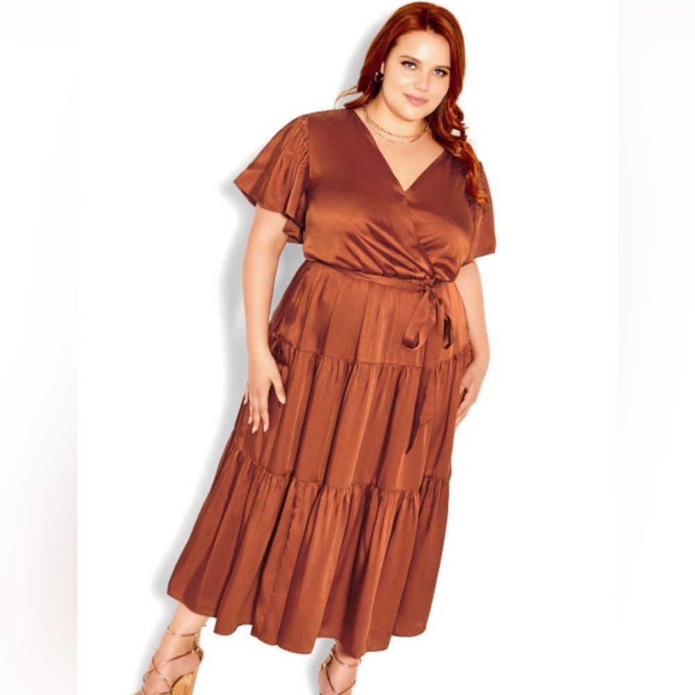 City Chic Women's Plus Size Tiered Midi Dress Size 16 burnt orange wedding guest
